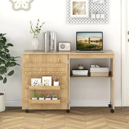 Folding Sewing Table with Storage Shelf and 5 Lockable Wheels-Natural - Natural - Sewing Tables