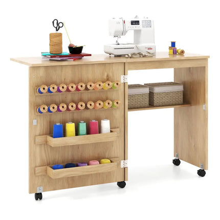 Folding Sewing Table with Storage Shelf and 5 Lockable Wheels-Natural - Natural - Sewing Tables