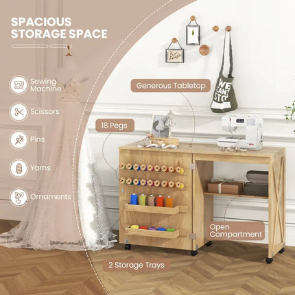 Folding Sewing Table with Storage Shelf and 5 Lockable Wheels-Natural - Natural - Sewing Tables