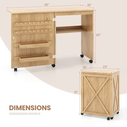 Folding Sewing Table with Storage Shelf and 5 Lockable Wheels-Natural - Natural - Sewing Tables