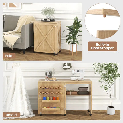 Folding Sewing Table with Storage Shelf and 5 Lockable Wheels-Natural - Natural - Sewing Tables