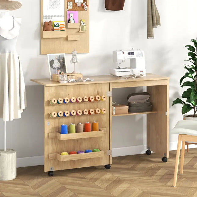 Folding Sewing Table with Storage Shelf and 5 Lockable Wheels-Natural - Natural - Sewing Tables