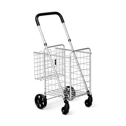 Folding Shopping Cart Basket Rolling Trolley with Adjustable Handle-Silver - Silver - Kitchen Tools