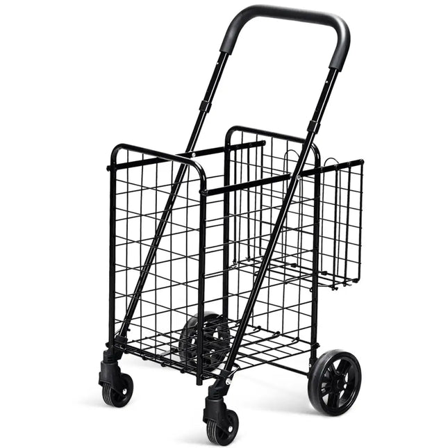 Folding Shopping Cart Basket Rolling Trolley with Adjustable Handle-Black - Black - Kitchen Tools