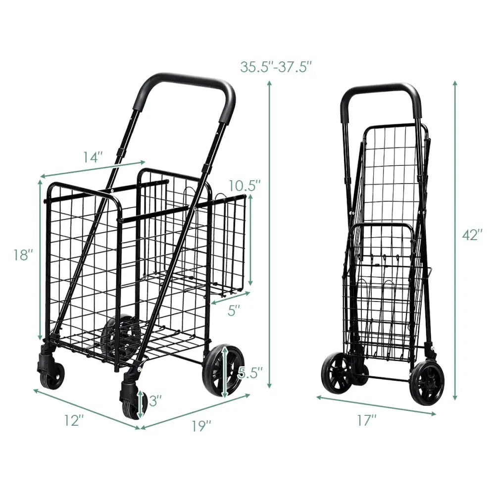 Folding Shopping Cart Basket Rolling Trolley with Adjustable Handle-Black - Black - Kitchen Tools