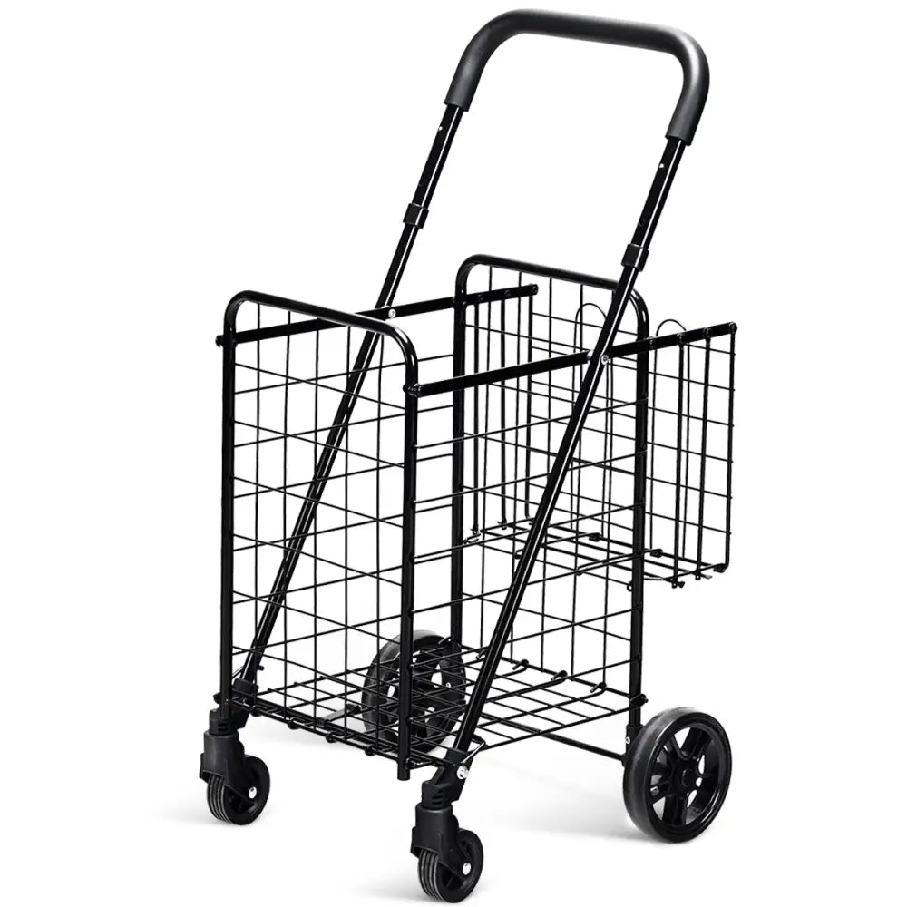 Folding Shopping Cart Basket Rolling Trolley with Adjustable Handle-Black - Black - Kitchen Tools