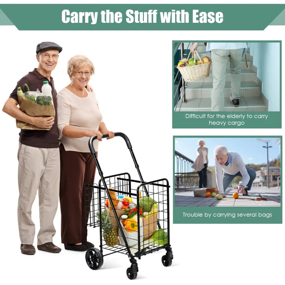 Folding Shopping Cart Basket Rolling Trolley with Adjustable Handle-Black - Black - Kitchen Tools
