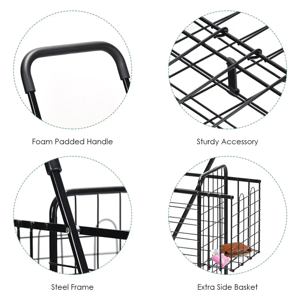 Folding Shopping Cart Basket Rolling Trolley with Adjustable Handle-Black - Black - Kitchen Tools