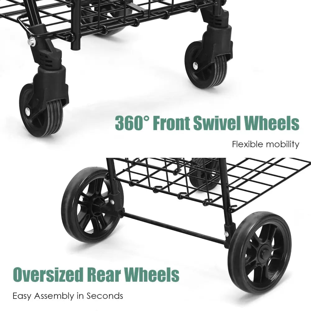 Folding Shopping Cart Basket Rolling Trolley with Adjustable Handle-Black - Black - Kitchen Tools