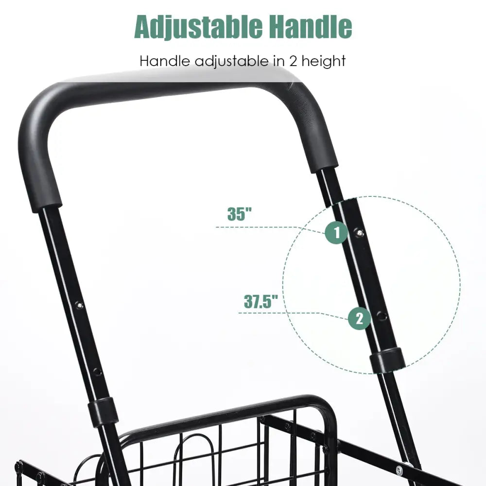 Folding Shopping Cart Basket Rolling Trolley with Adjustable Handle-Black - Black - Kitchen Tools