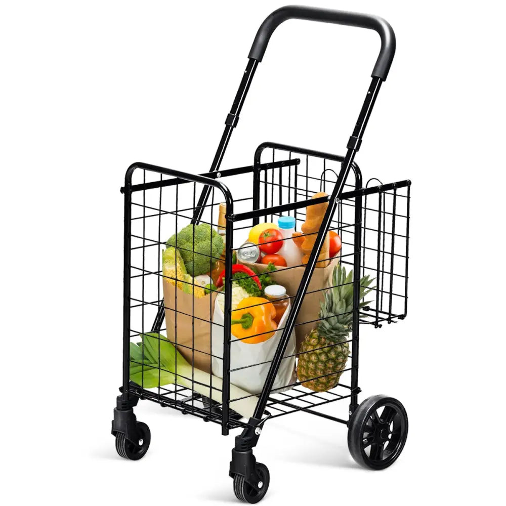 Folding Shopping Cart Basket Rolling Trolley with Adjustable Handle-Black - Black - Kitchen Tools