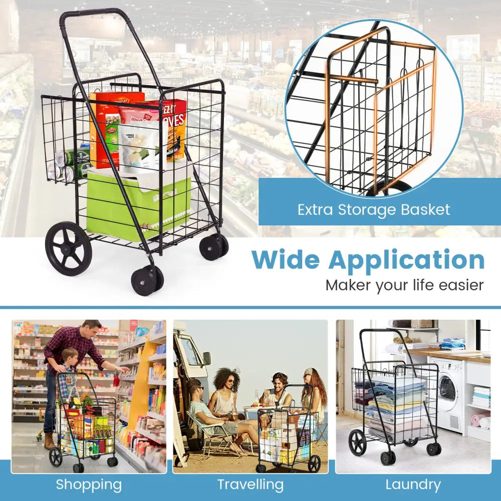 Folding Shopping Cart for Laundry with Swiveling Wheels and Dual Storage Baskets-Black - Black - Kitchen Tools