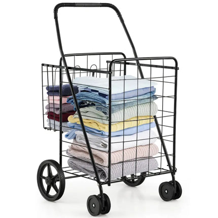 Folding Shopping Cart for Laundry with Swiveling Wheels and Dual Storage Baskets-Black - Black - Kitchen Tools