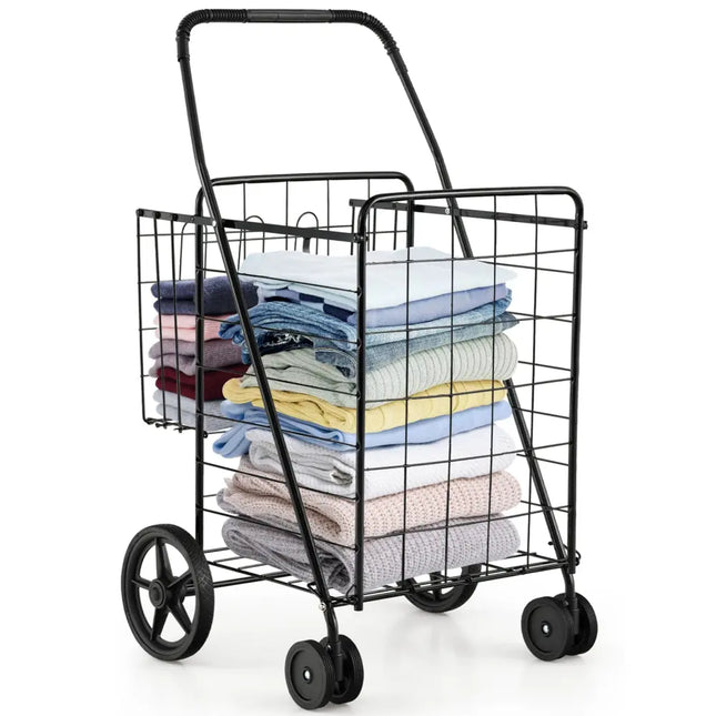 Folding Shopping Cart for Laundry with Swiveling Wheels and Dual Storage Baskets-Black - Black - Kitchen Tools