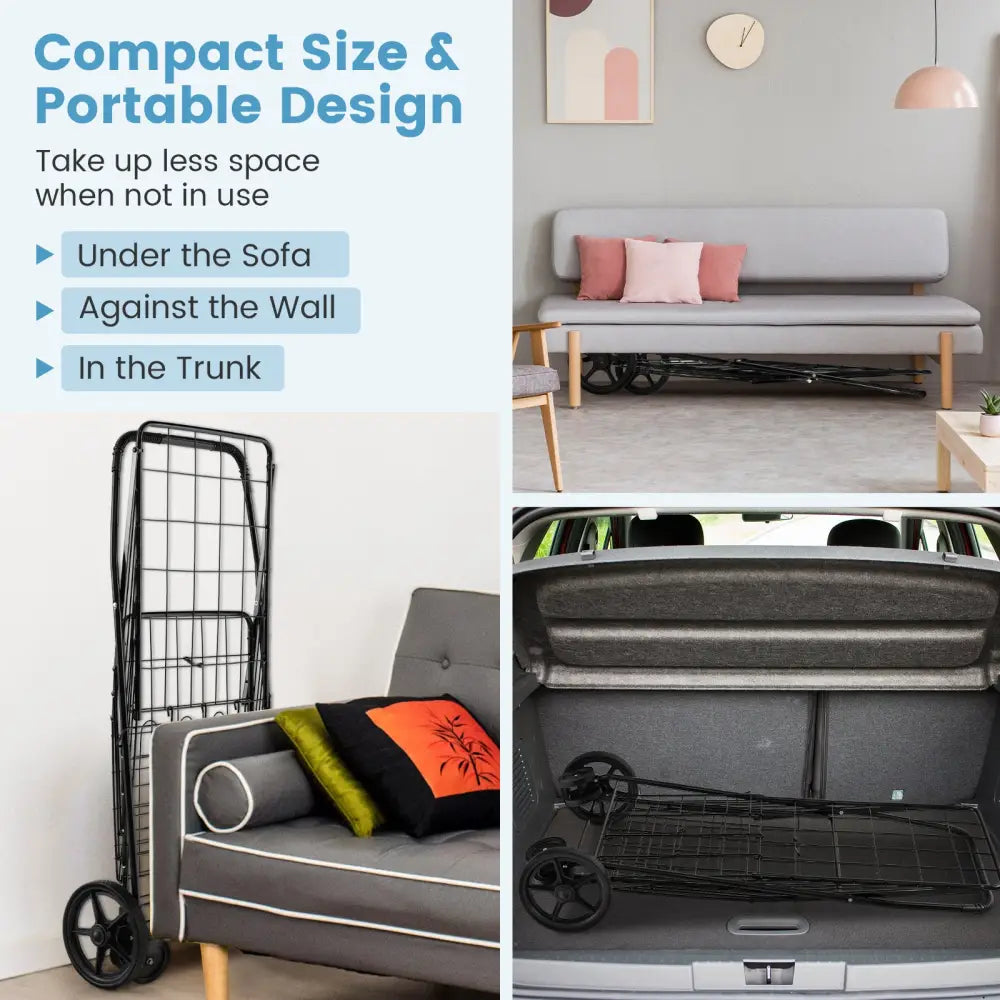 Folding Shopping Cart for Laundry with Swiveling Wheels and Dual Storage Baskets-Black - Black - Kitchen Tools