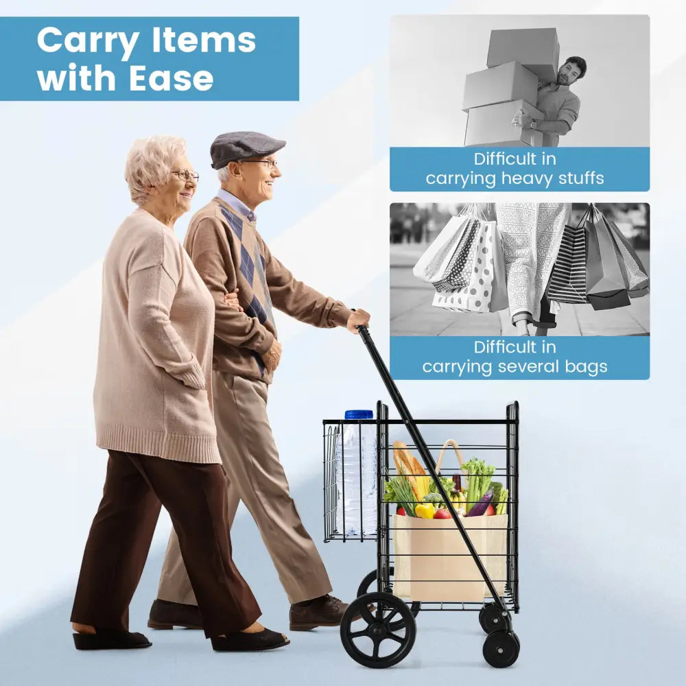 Folding Shopping Cart for Laundry with Swiveling Wheels and Dual Storage Baskets-Black - Black - Kitchen Tools