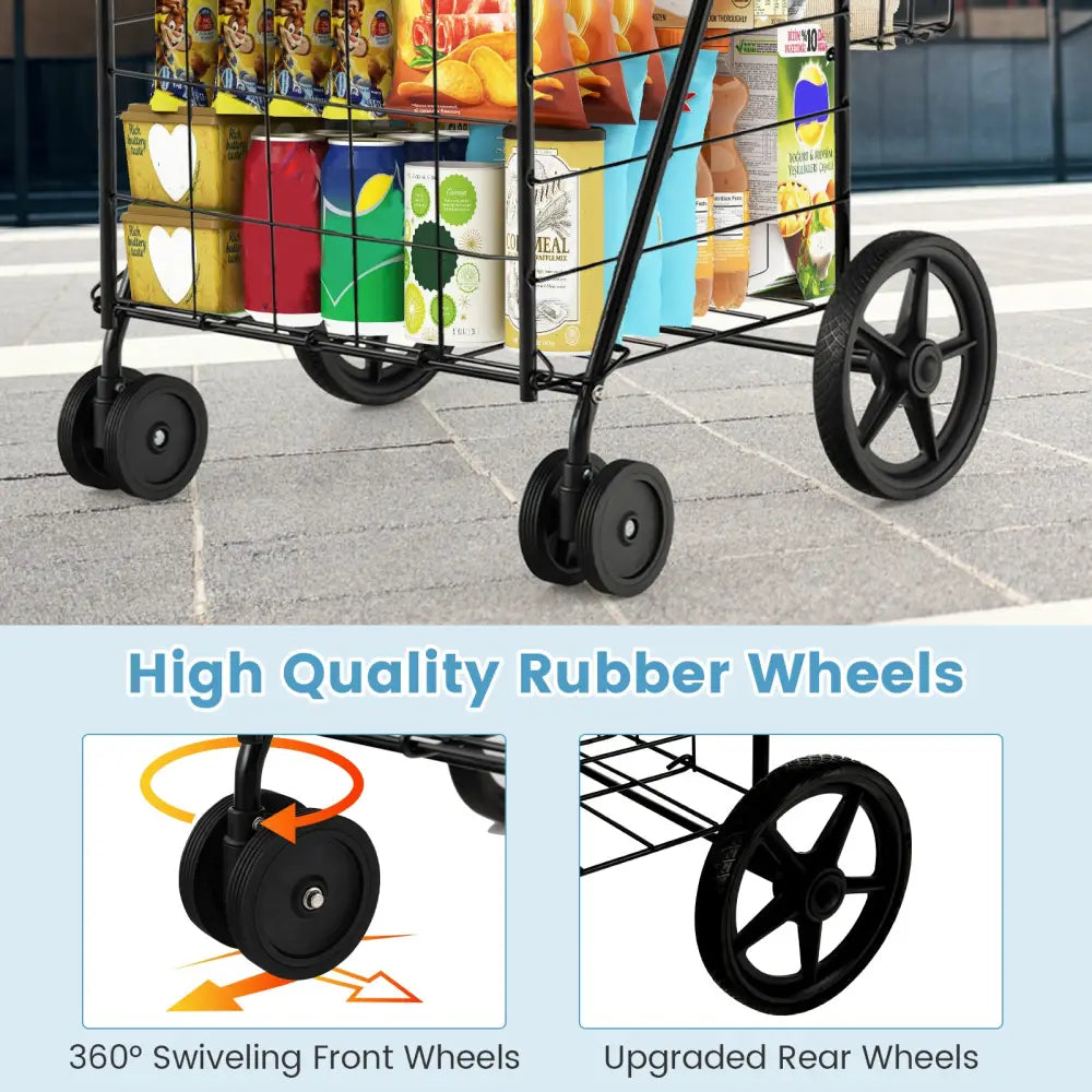 Folding Shopping Cart for Laundry with Swiveling Wheels and Dual Storage Baskets-Black - Black - Kitchen Tools
