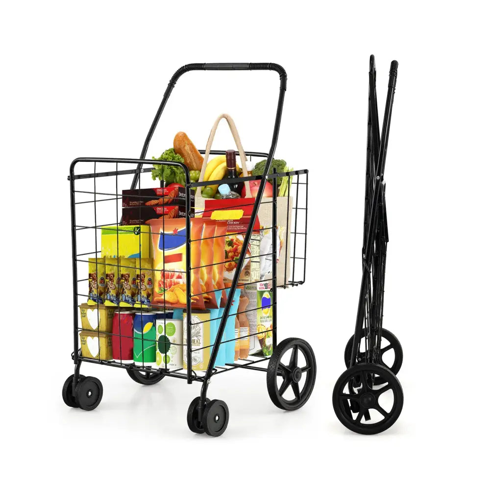 Folding Shopping Cart for Laundry with Swiveling Wheels and Dual Storage Baskets-Black - Black - Kitchen Tools