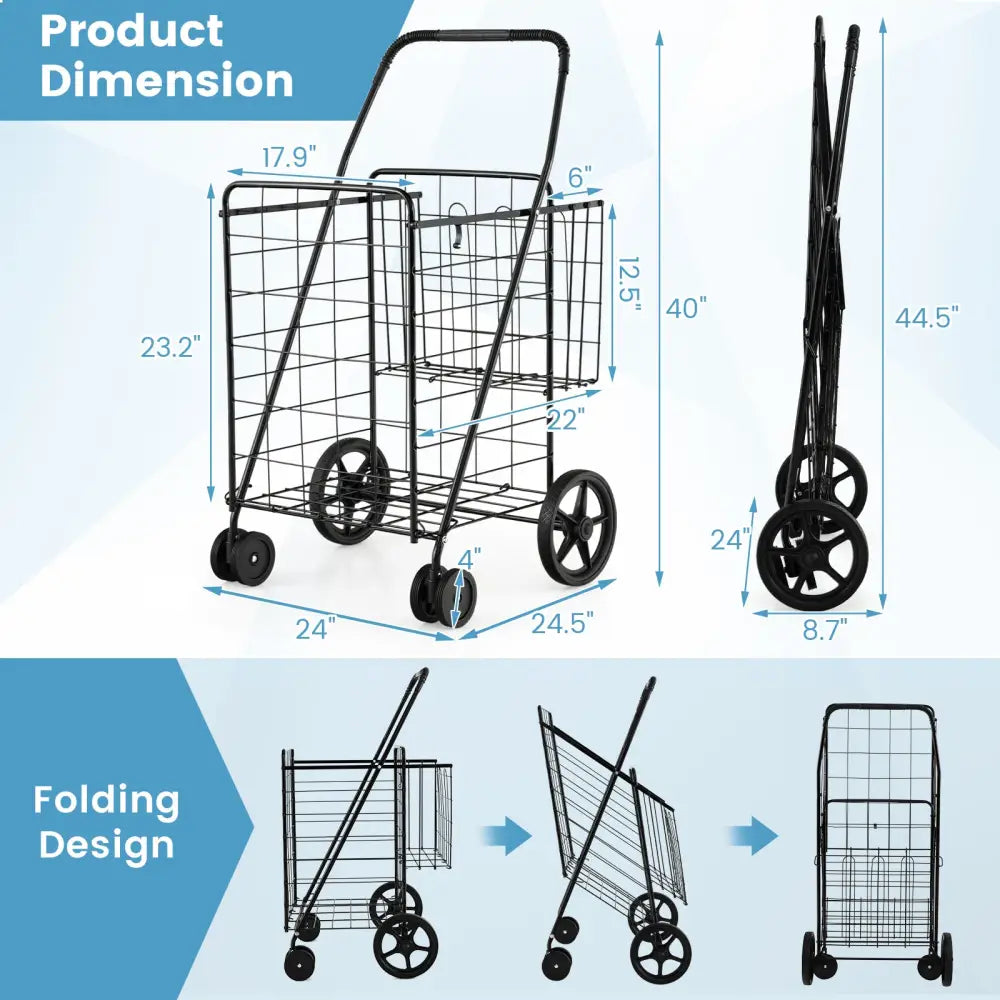 Folding Shopping Cart for Laundry with Swiveling Wheels and Dual Storage Baskets-Black - Black - Kitchen Tools