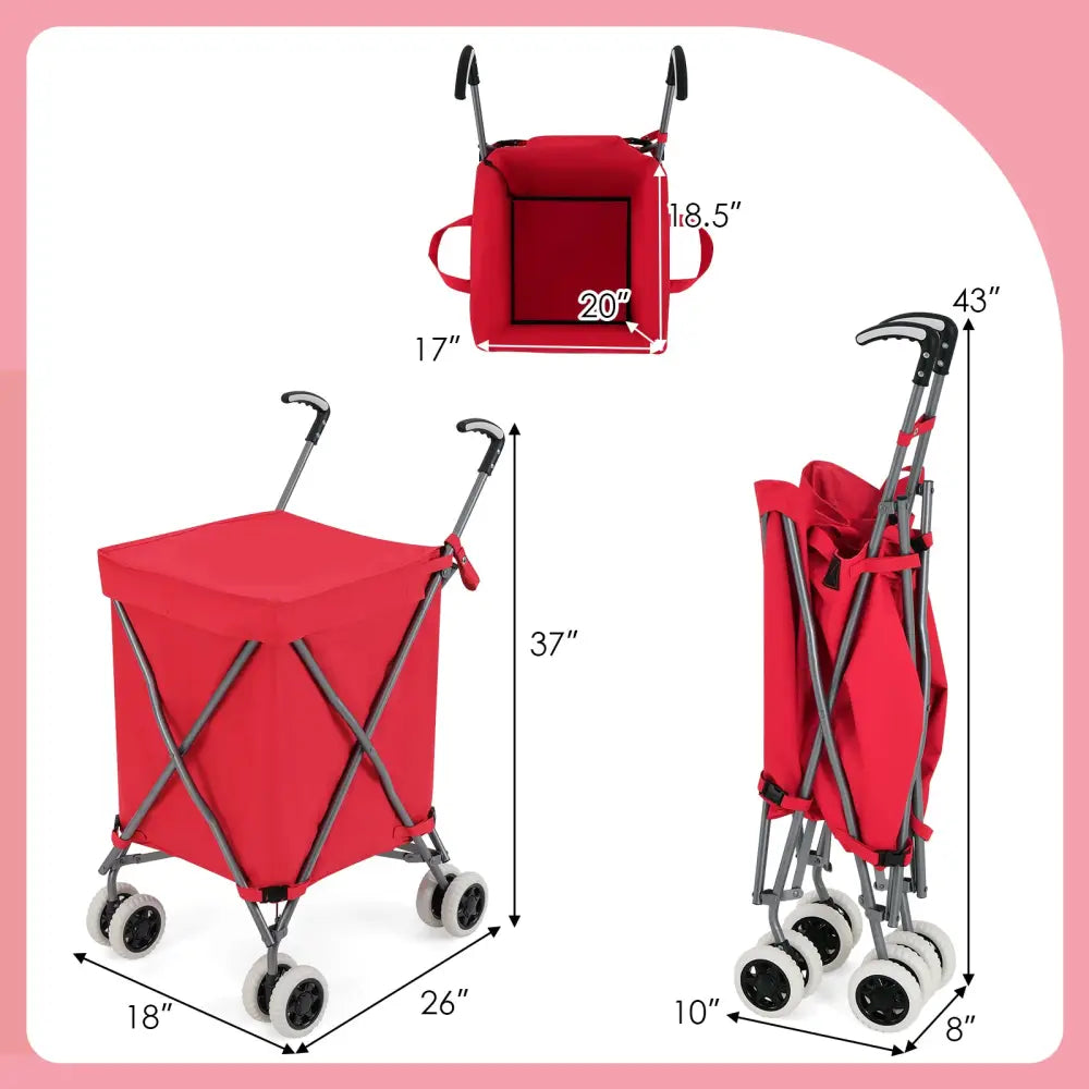 Folding Shopping Utility Cart with Water-Resistant Removable Canvas Bag-Red - Red - Kitchen