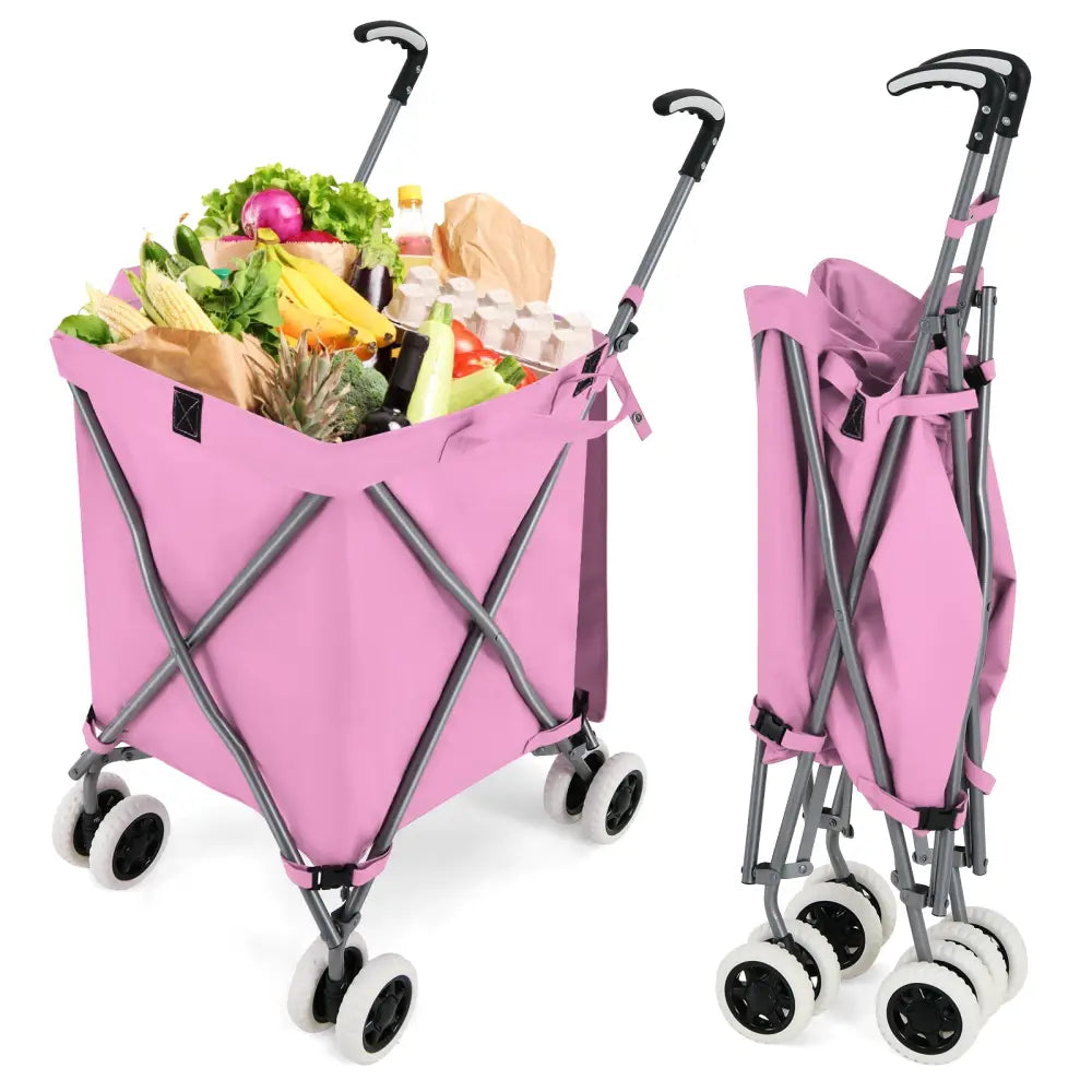 Folding Shopping Utility Cart with Water-Resistant Removable Canvas Bag-Pink - Pink - Kitchen