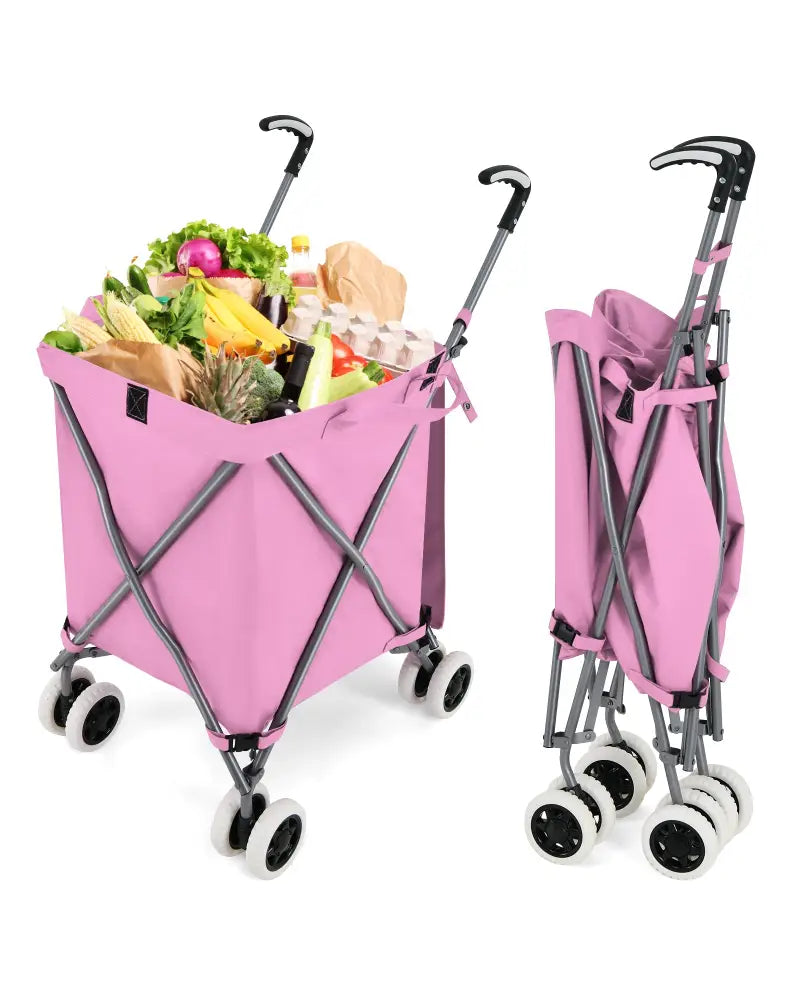 Folding Shopping Utility Cart with Water-Resistant Removable Canvas Bag-Pink - Pink - Kitchen
