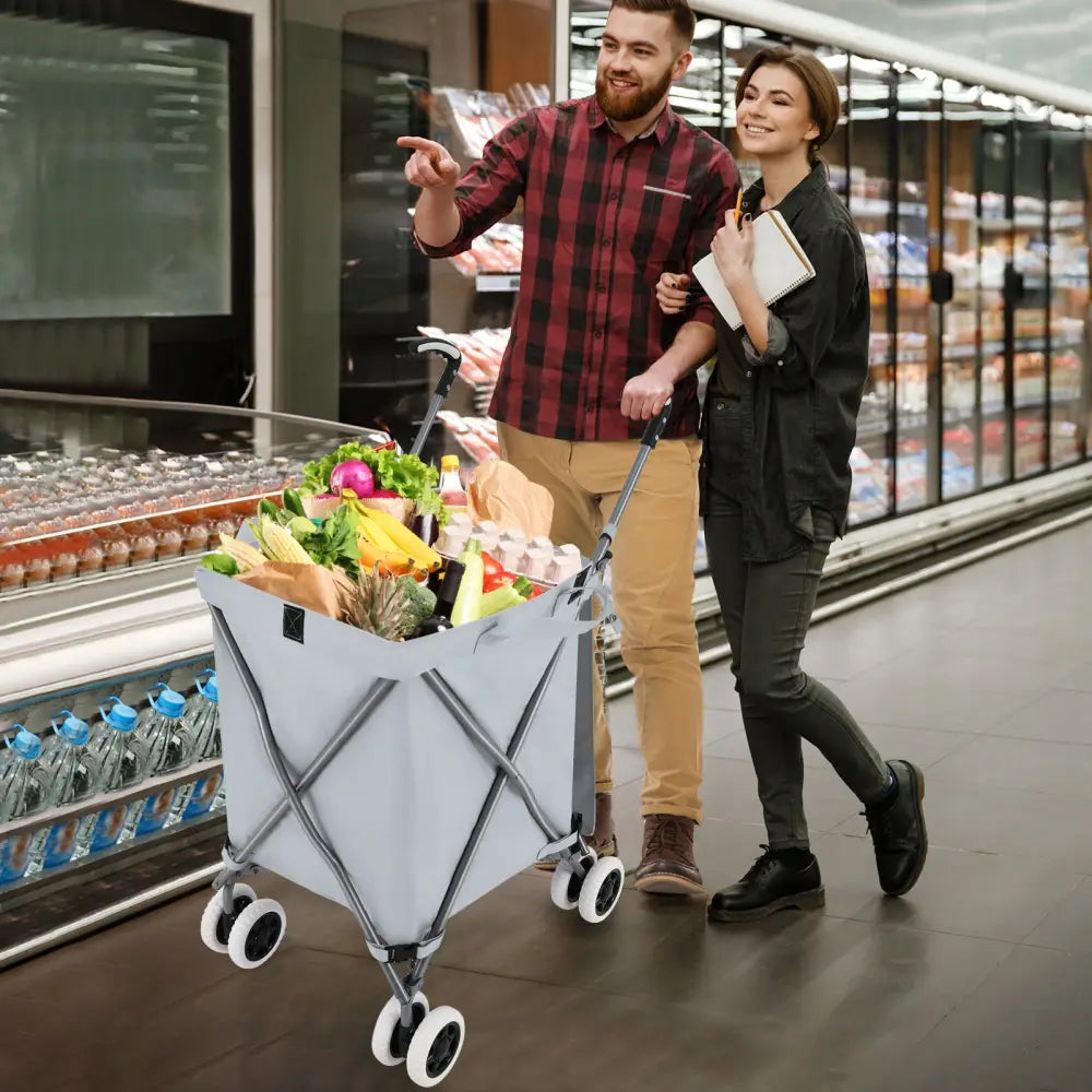 Folding Shopping Utility Cart with Water-Resistant Removable Canvas Bag-Grey - Gray - Kitchen