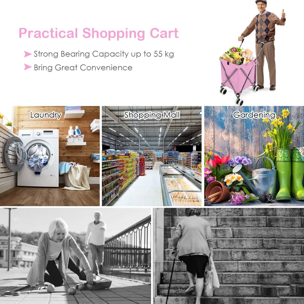 Folding Shopping Utility Cart with Water-Resistant Removable Canvas Bag-Pink - Pink - Kitchen