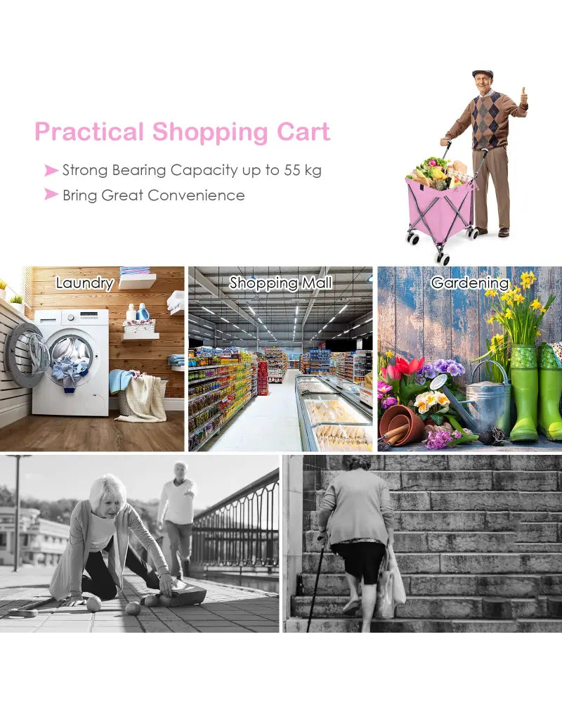 Folding Shopping Utility Cart with Water-Resistant Removable Canvas Bag-Pink - Pink - Kitchen