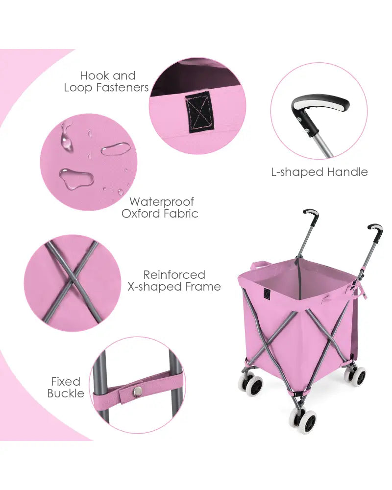 Folding Shopping Utility Cart with Water-Resistant Removable Canvas Bag-Pink - Pink - Kitchen