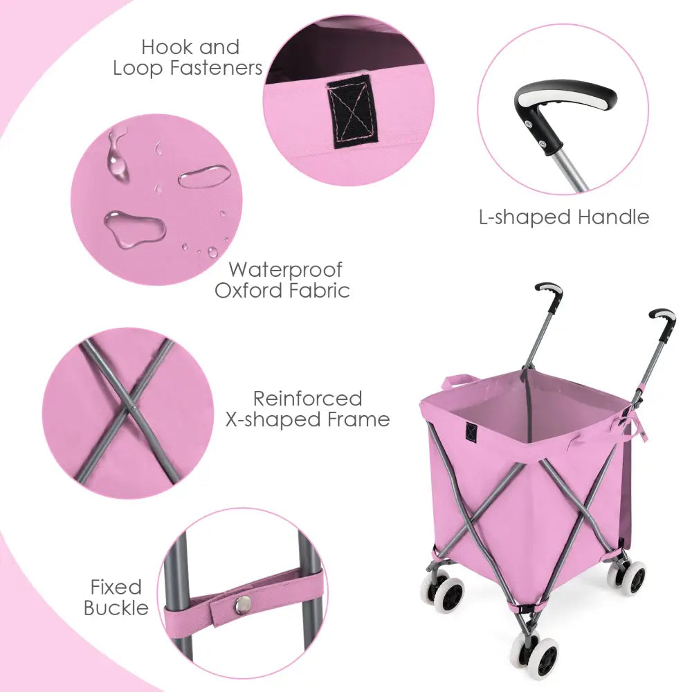 Folding Shopping Utility Cart with Water-Resistant Removable Canvas Bag-Pink - Pink - Kitchen