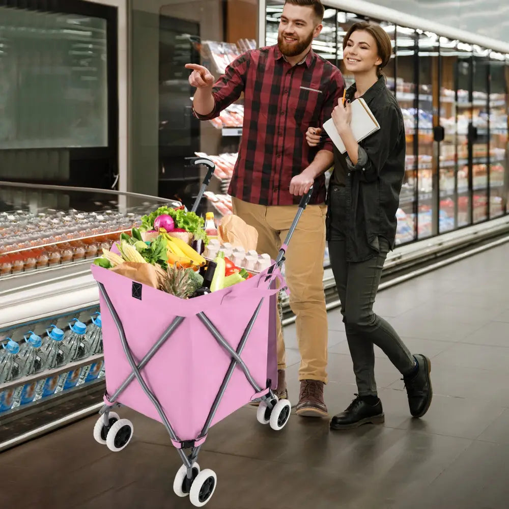 Folding Shopping Utility Cart with Water-Resistant Removable Canvas Bag-Pink - Pink - Kitchen