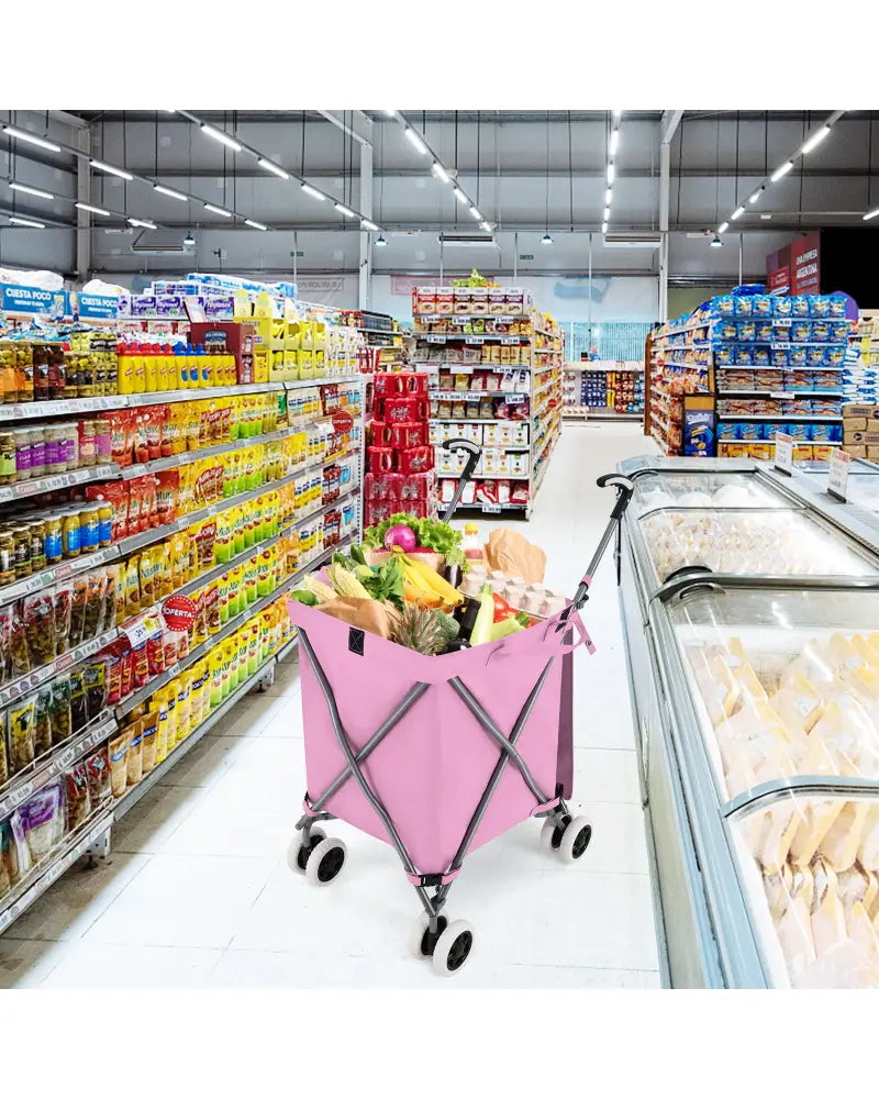 Folding Shopping Utility Cart with Water-Resistant Removable Canvas Bag-Pink - Pink - Kitchen