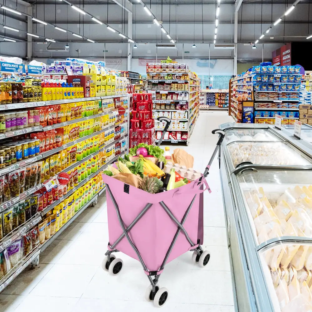 Folding Shopping Utility Cart with Water-Resistant Removable Canvas Bag-Pink - Pink - Kitchen