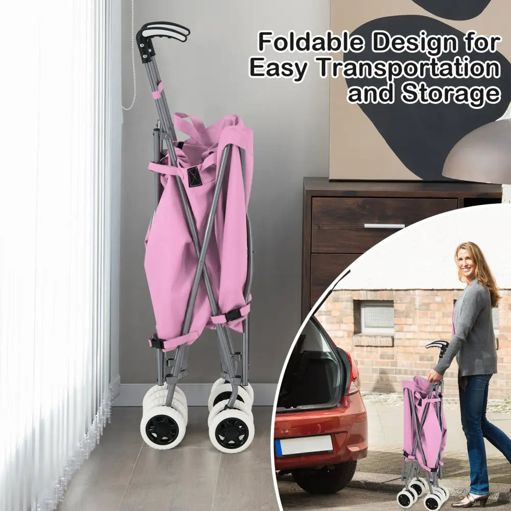 Folding Shopping Utility Cart with Water-Resistant Removable Canvas Bag-Pink - Pink - Kitchen
