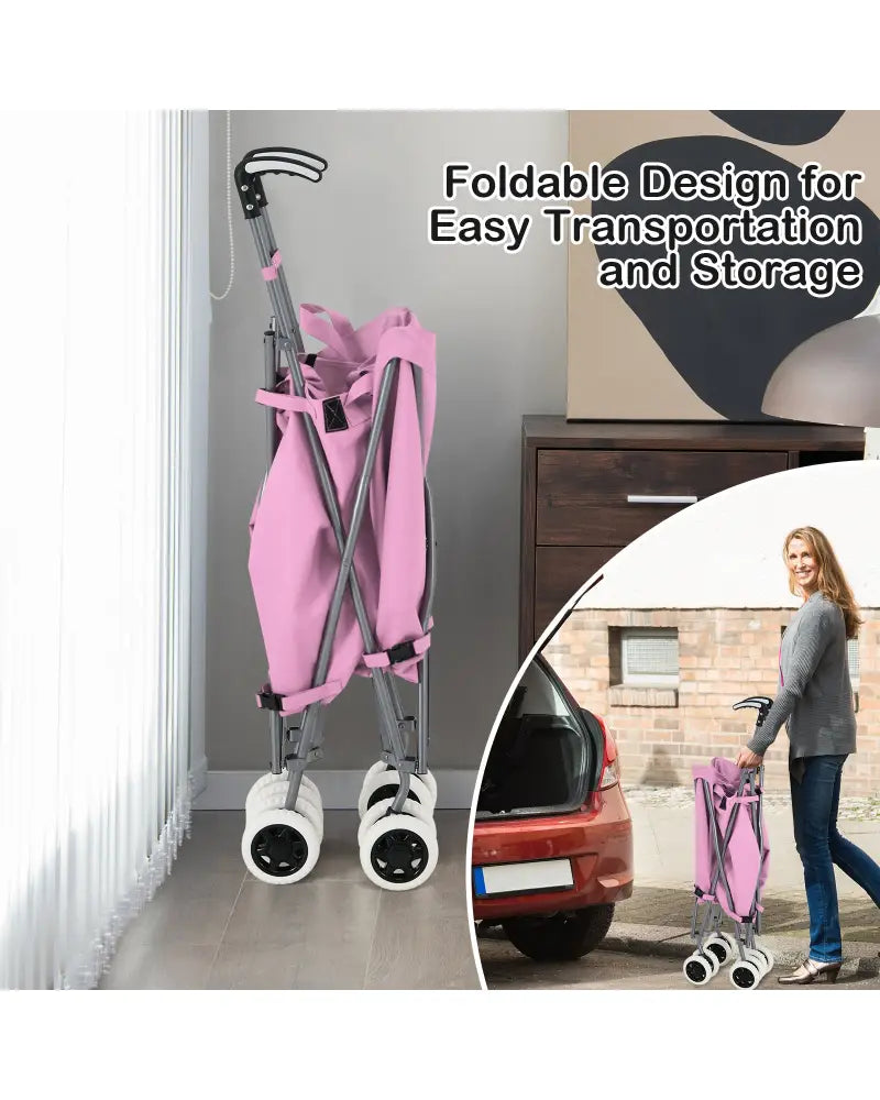 Folding Shopping Utility Cart with Water-Resistant Removable Canvas Bag-Pink - Pink - Kitchen