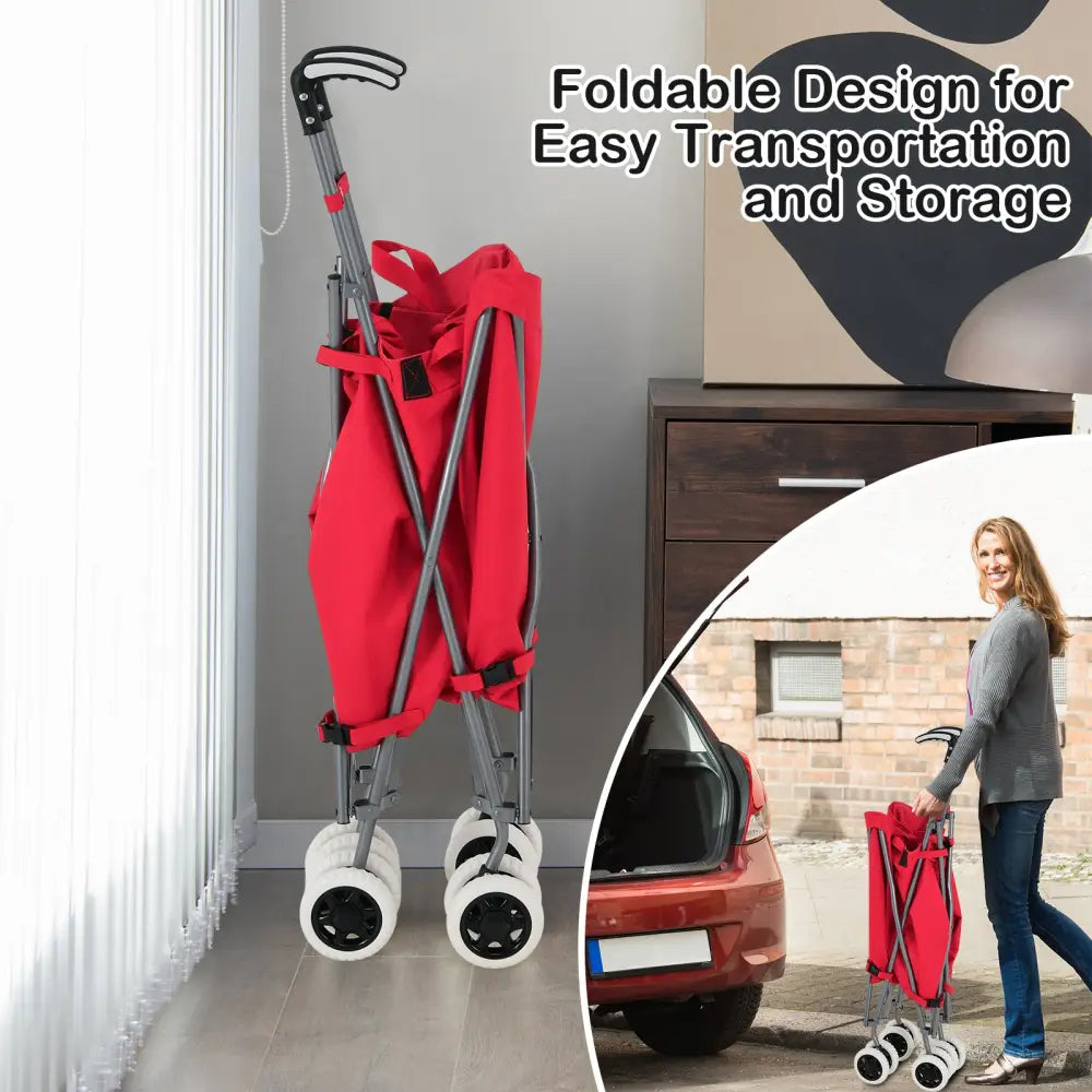Folding Shopping Utility Cart with Water-Resistant Removable Canvas Bag-Red - Red - Kitchen