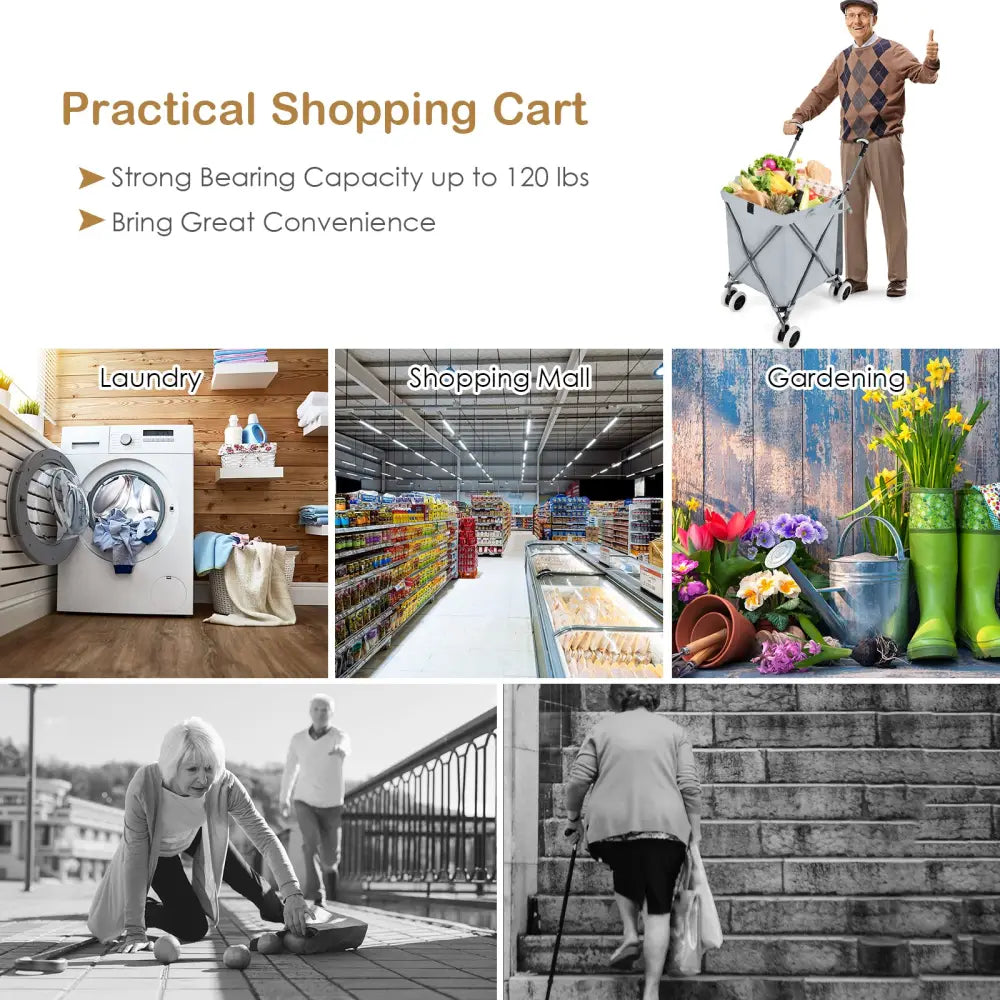 Folding Shopping Utility Cart with Water-Resistant Removable Canvas Bag-Grey - Gray - Kitchen