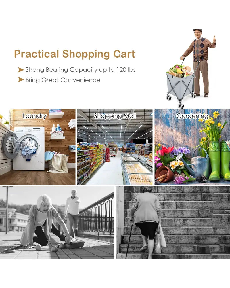 Folding Shopping Utility Cart with Water-Resistant Removable Canvas Bag-Grey - Gray - Kitchen