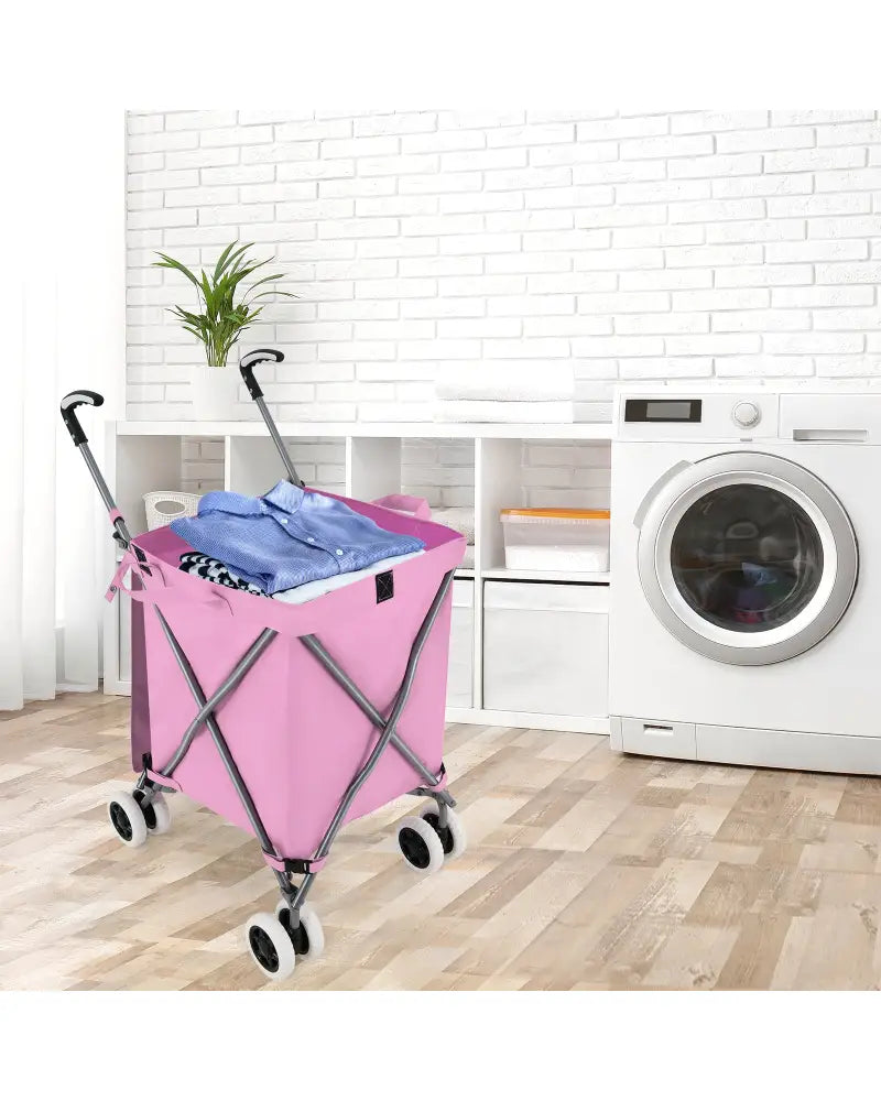 Folding Shopping Utility Cart with Water-Resistant Removable Canvas Bag-Pink - Pink - Kitchen