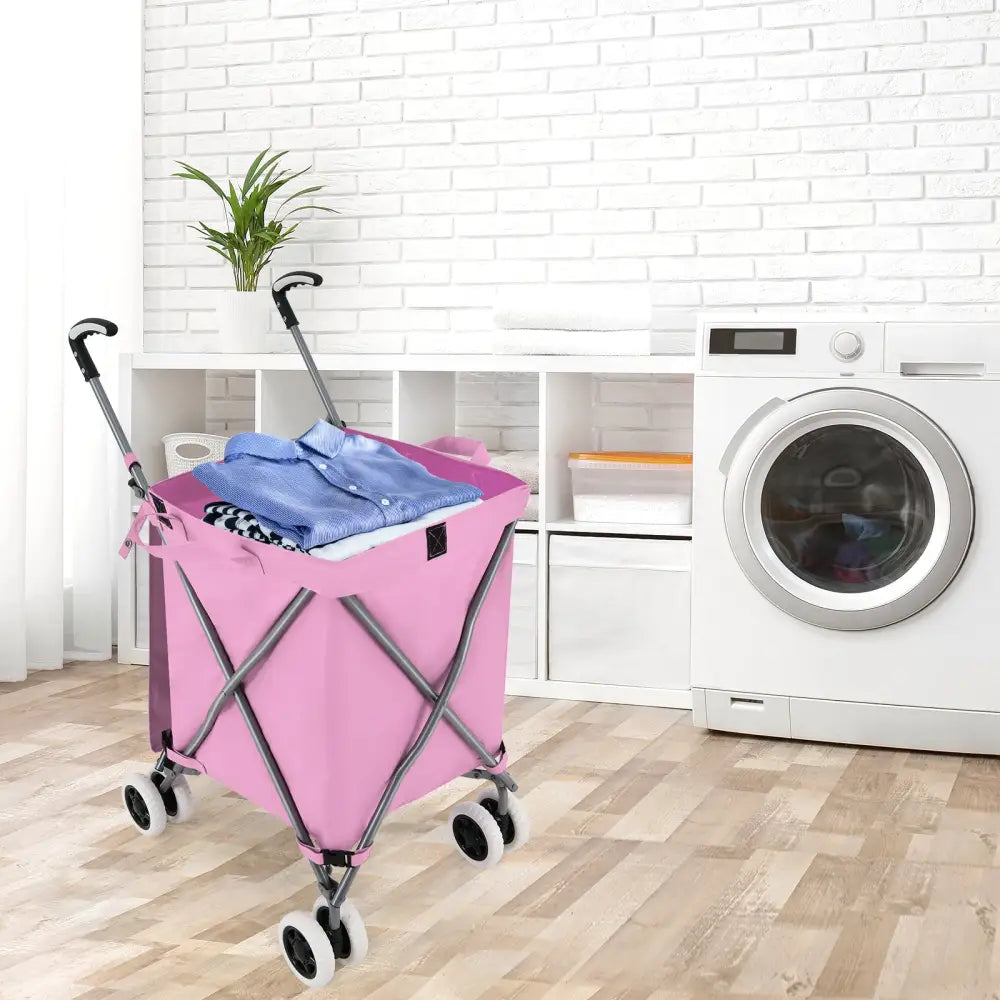 Folding Shopping Utility Cart with Water-Resistant Removable Canvas Bag-Pink - Pink - Kitchen