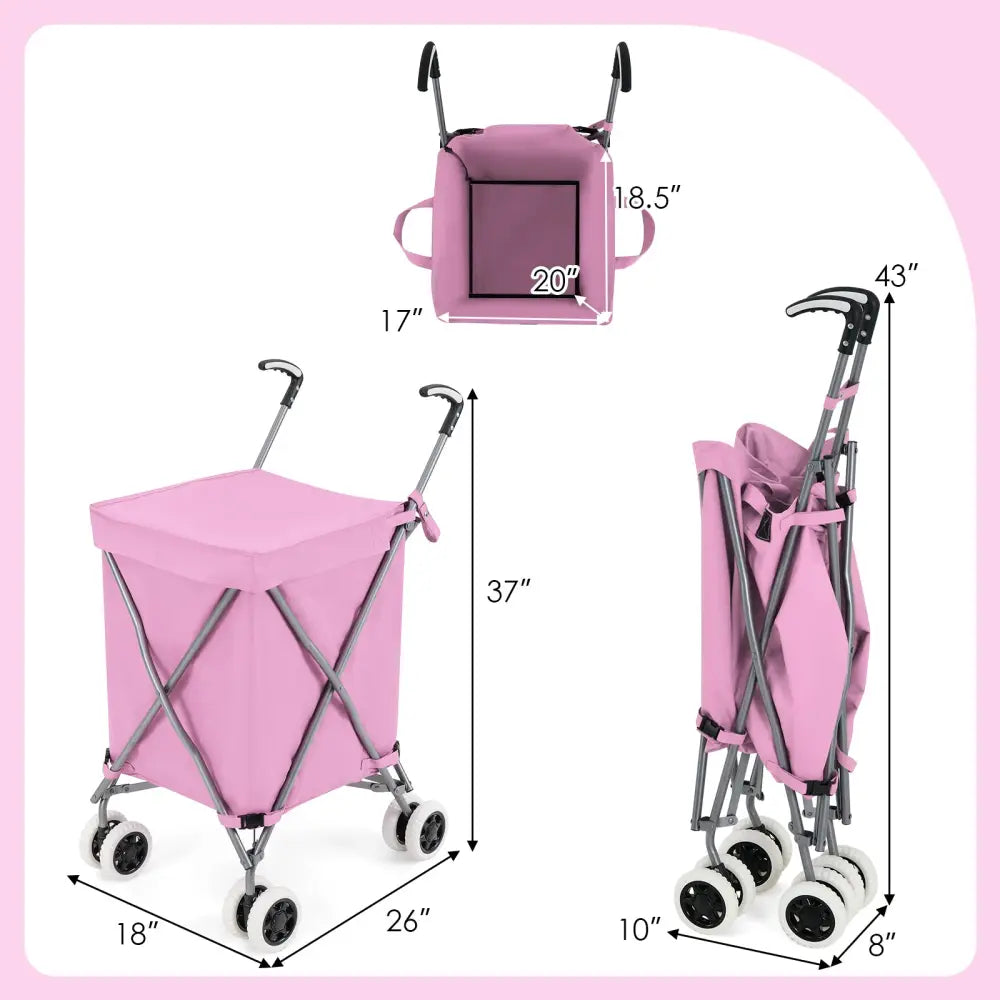 Folding Shopping Utility Cart with Water-Resistant Removable Canvas Bag-Pink - Pink - Kitchen