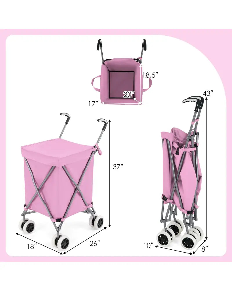 Folding Shopping Utility Cart with Water-Resistant Removable Canvas Bag-Pink - Pink - Kitchen