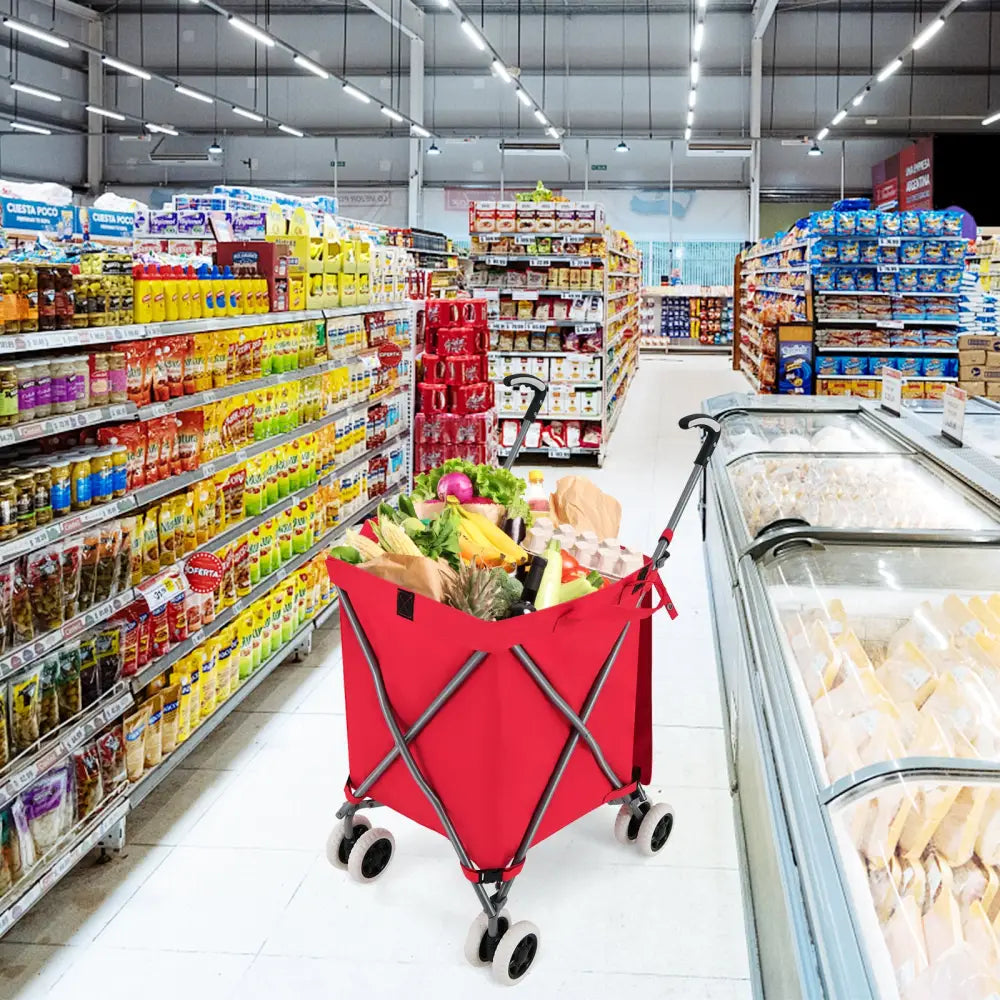 Folding Shopping Utility Cart with Water-Resistant Removable Canvas Bag-Red - Red - Kitchen
