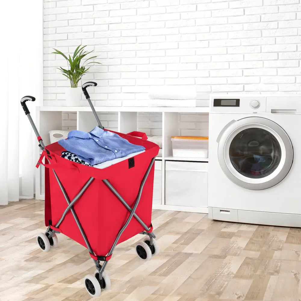 Folding Shopping Utility Cart with Water-Resistant Removable Canvas Bag-Red - Red - Kitchen