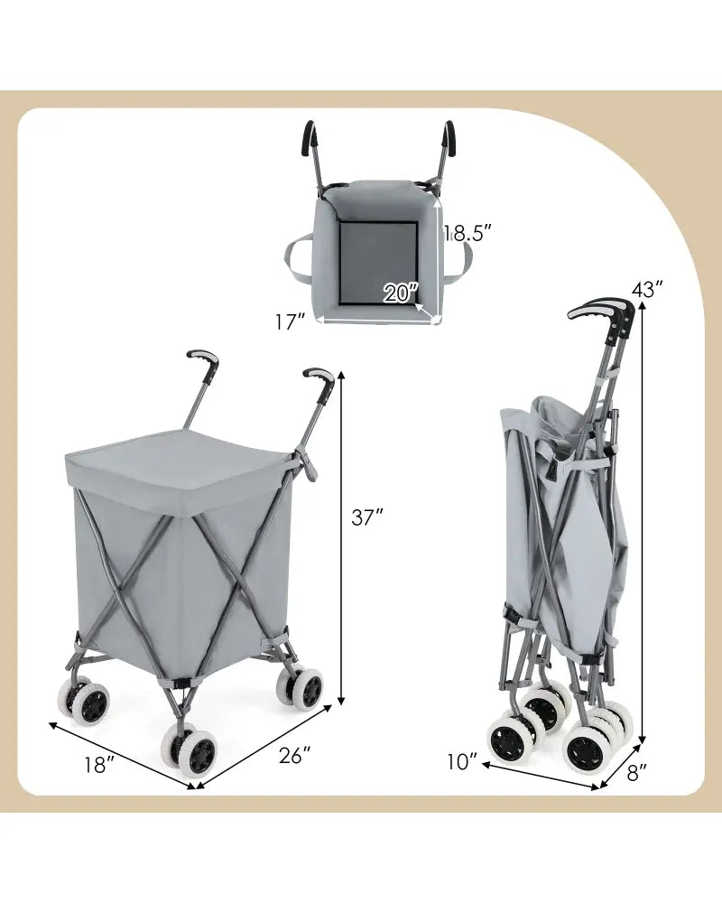 Folding Shopping Utility Cart with Water-Resistant Removable Canvas Bag-Grey - Gray - Kitchen