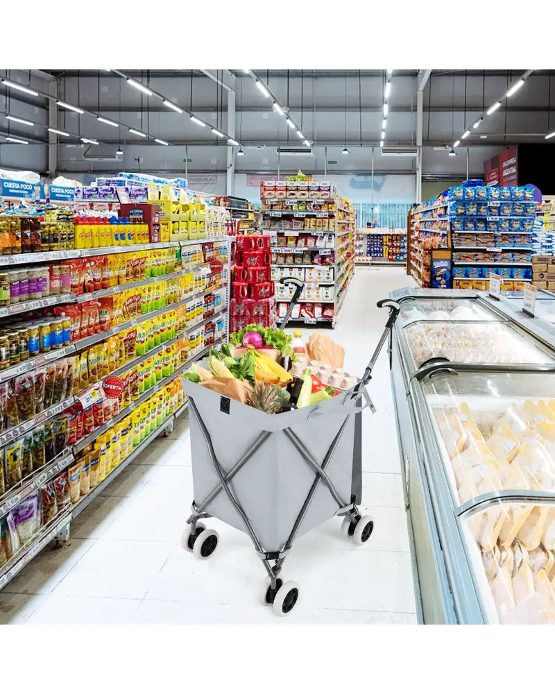 Folding Shopping Utility Cart with Water-Resistant Removable Canvas Bag-Grey - Gray - Kitchen