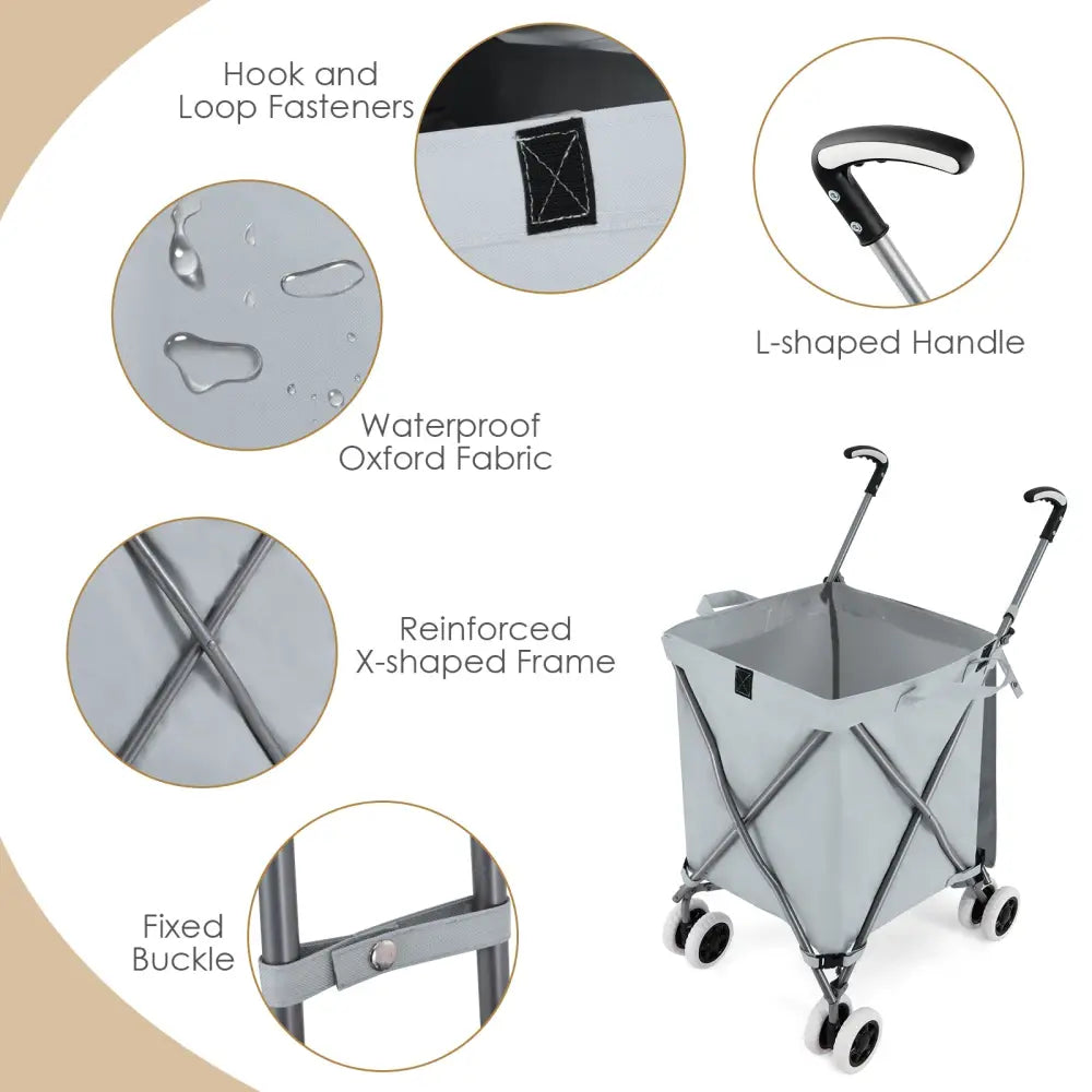 Folding Shopping Utility Cart with Water-Resistant Removable Canvas Bag-Grey - Gray - Kitchen