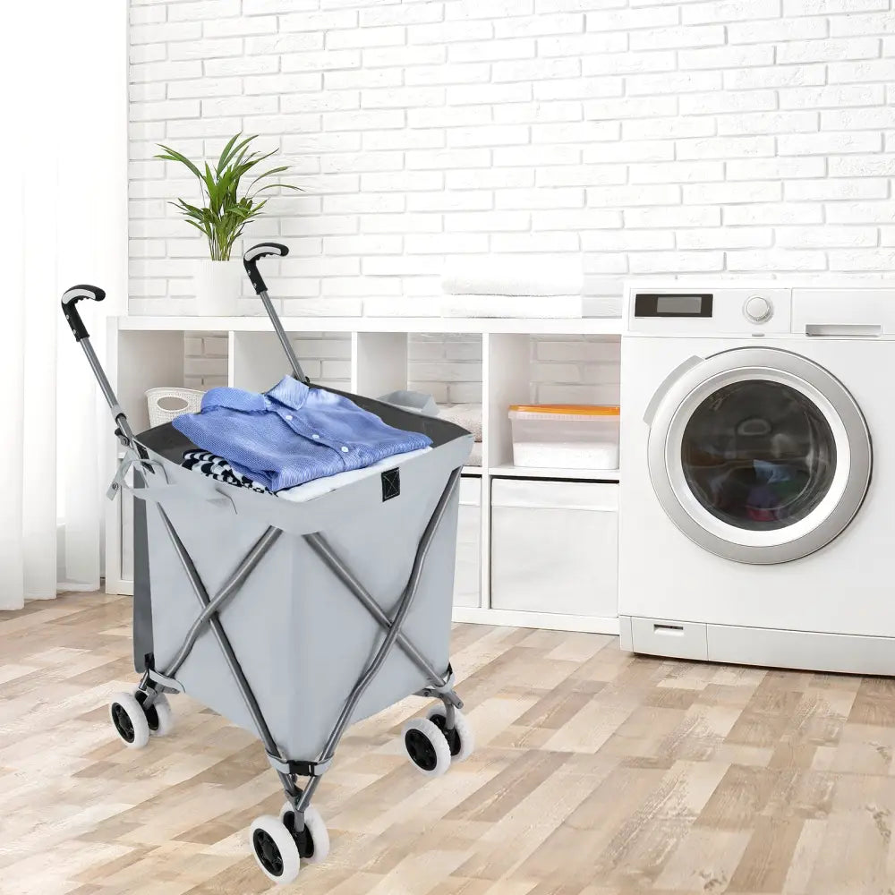 Folding Shopping Utility Cart with Water-Resistant Removable Canvas Bag-Grey - Gray - Kitchen