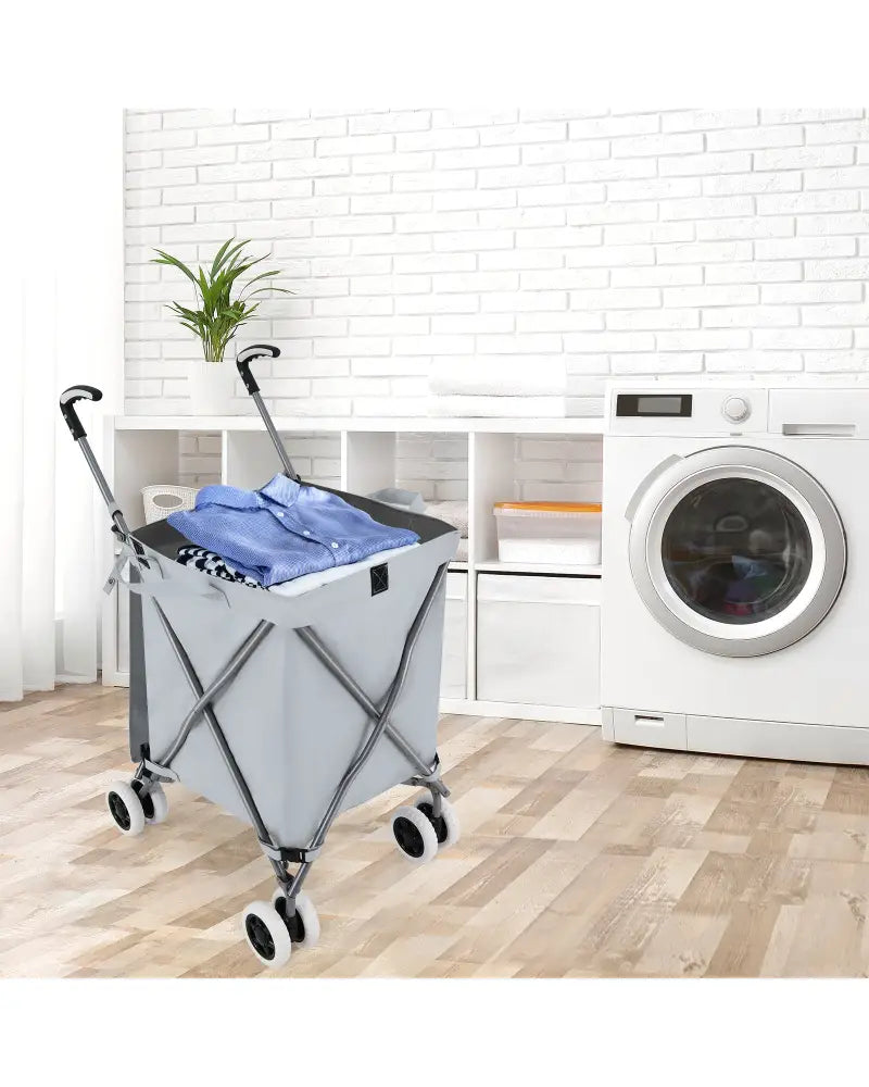 Folding Shopping Utility Cart with Water-Resistant Removable Canvas Bag-Grey - Gray - Kitchen